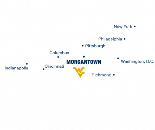 Map of cities and their relationship to West Virginia University.
