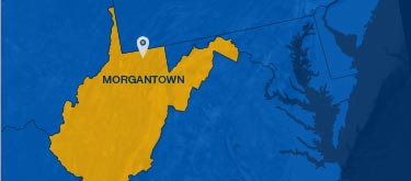 Map of the state of WV showing Morgantown, WVU's home, in the northern part of the state.